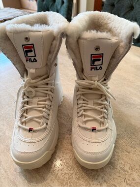 FILA White Lace-Up Shearling-Trim Women's Boots